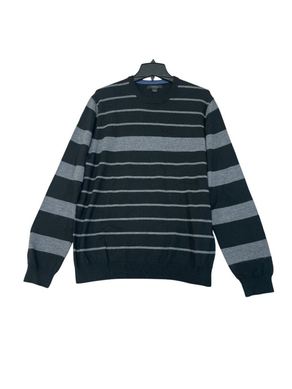 Express Men's L Black & Gray Striped Merino Wool Sweater Crewneck F1359